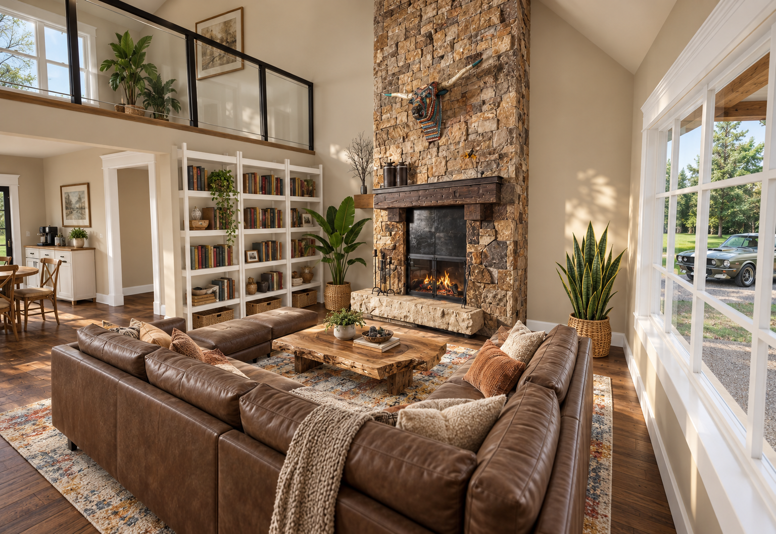 Representative AI visualization of a living room with a stone fireplace and bookshelf