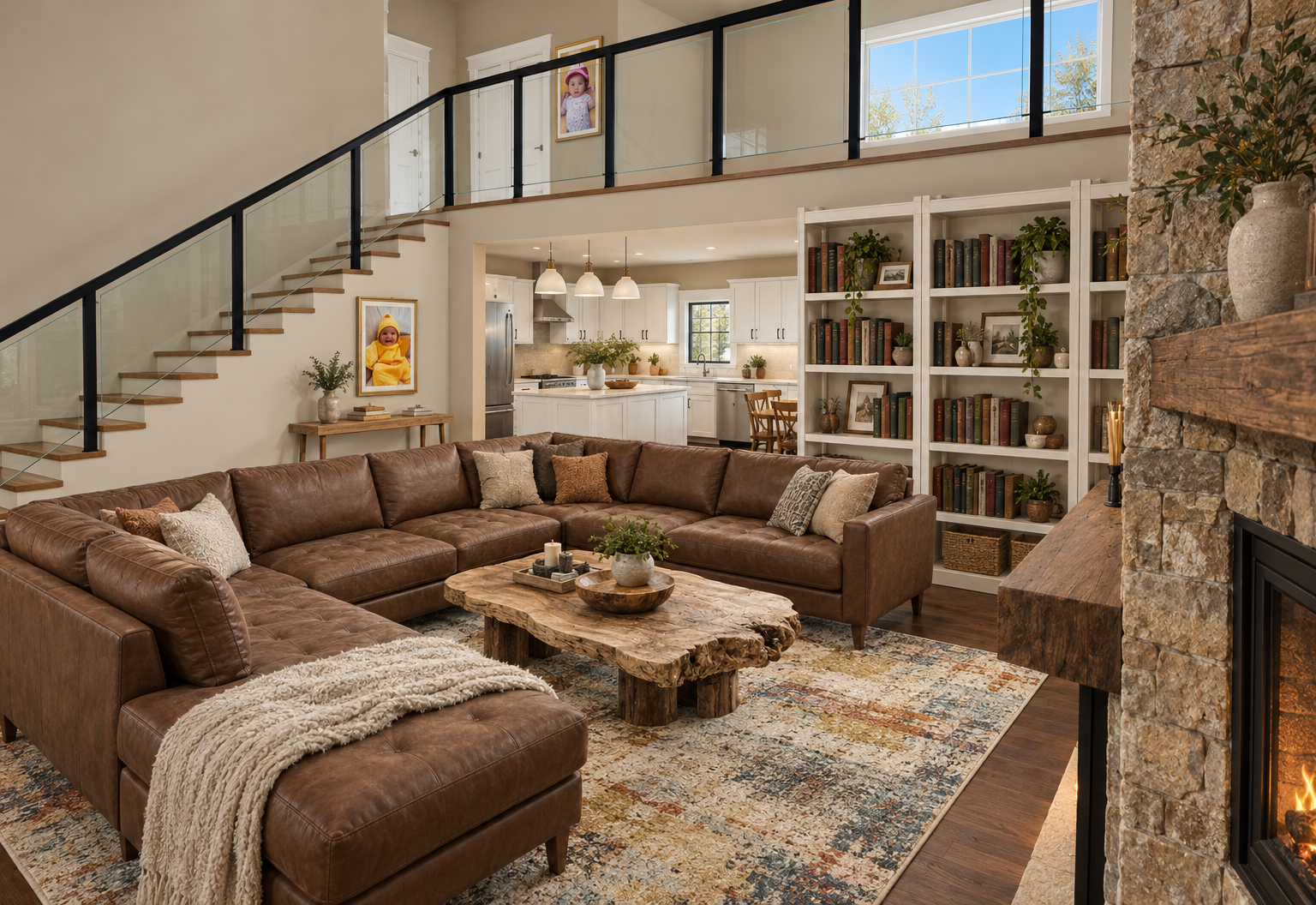 Representative AI visualization of a living room with leather sectional, fireplace, and kitchen