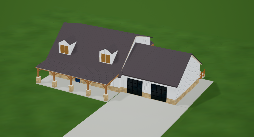 Current Easy Barndo Designer exterior view with timber porch, roof, dormers, and garage bays