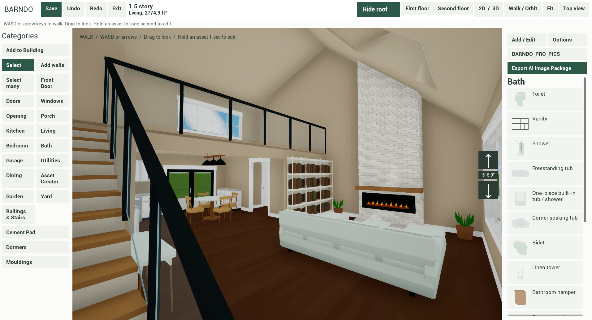 Easy Barndo Designer Walk Around Mode showing a living room, kitchen, stairs, loft railing, fireplace, furniture, and category-based asset panel