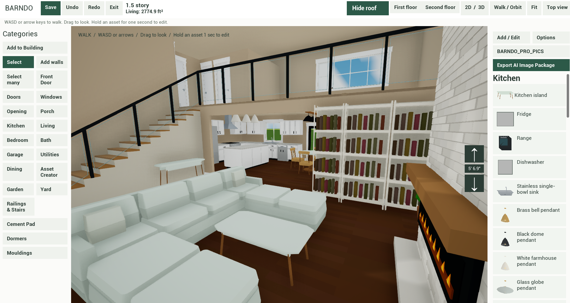 Easy Barndo Designer Walk Around Mode in a living room